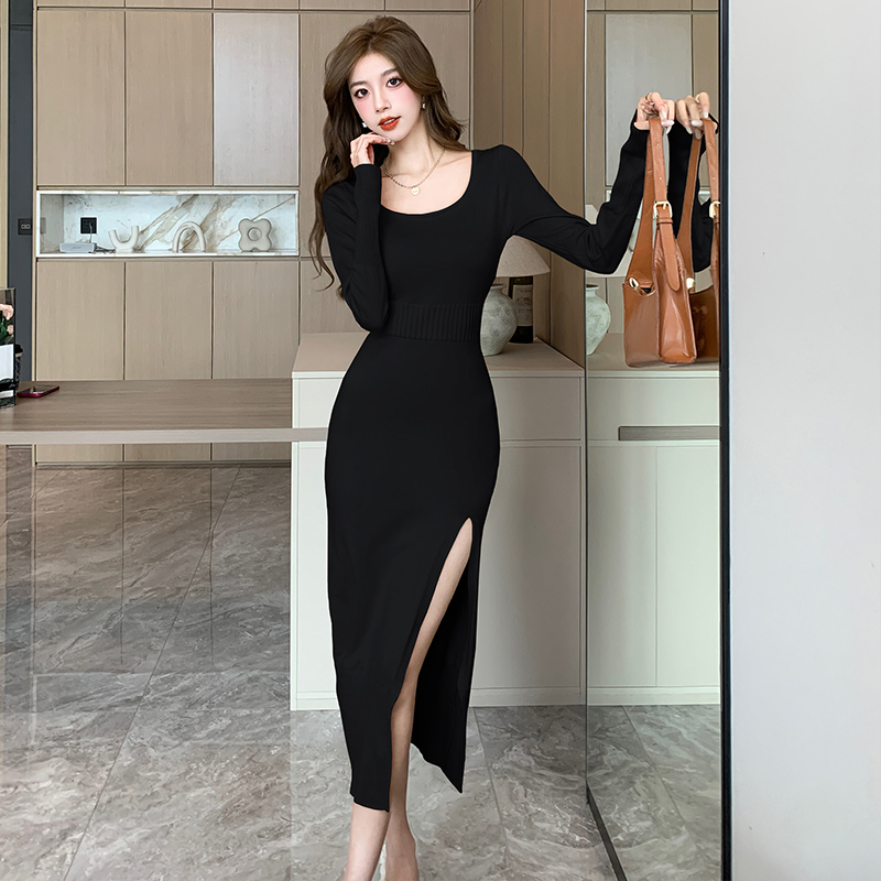 High waist knitted dress square collar long dress