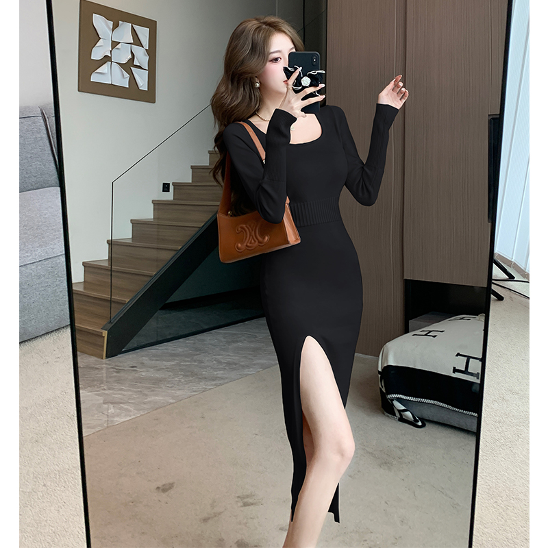 High waist knitted dress square collar long dress