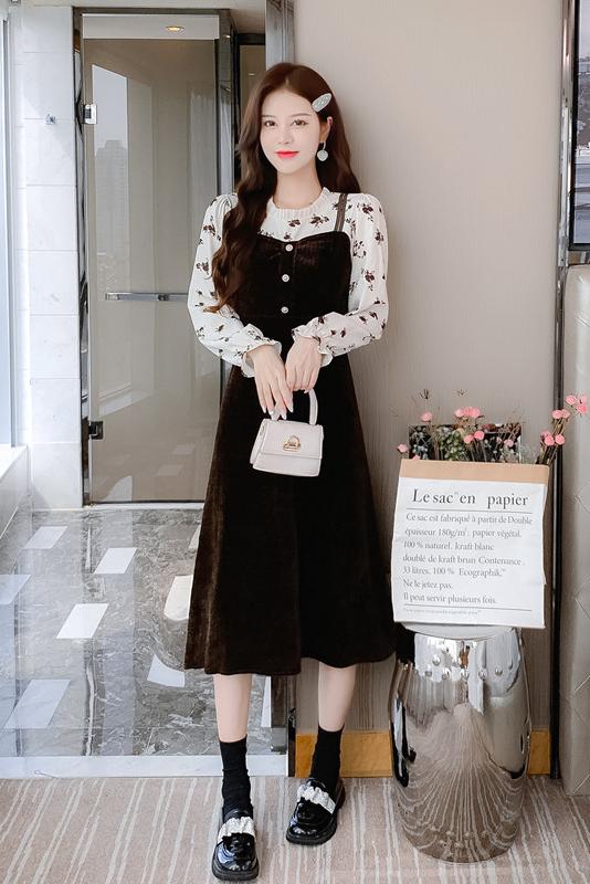 Slim chanelstyle temperament corduroy Pseudo-two dress