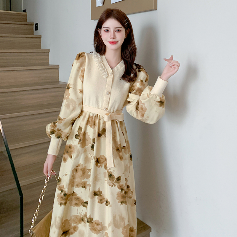 Knitwear autumn and winter Pseudo-two temperament lace dress