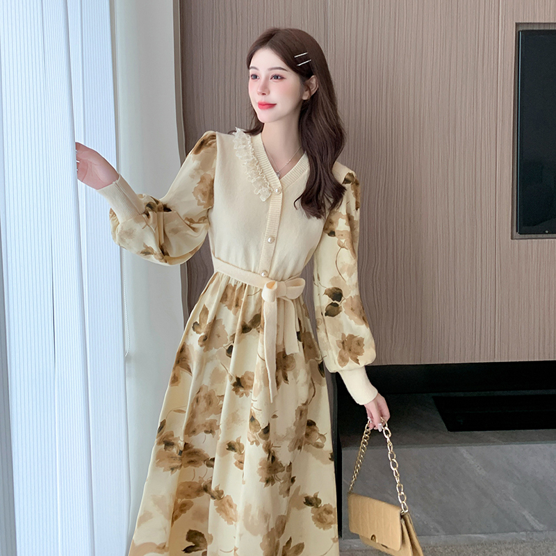 Knitwear autumn and winter Pseudo-two temperament lace dress