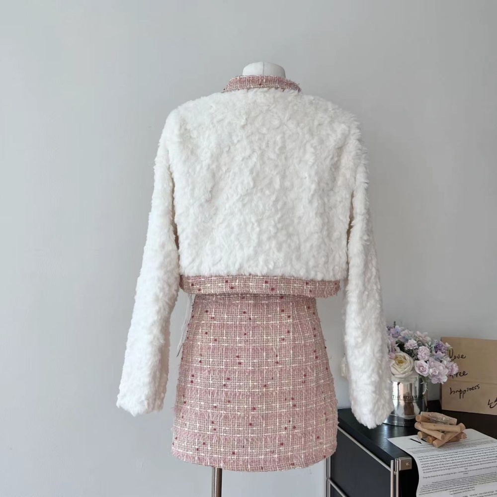Winter hairy skirt chanelstyle mixed colors coat a set