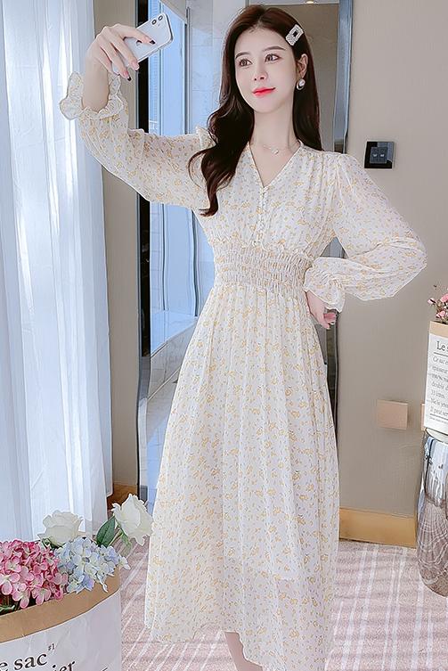 Korean style bottoming autumn and winter V-neck printing dress