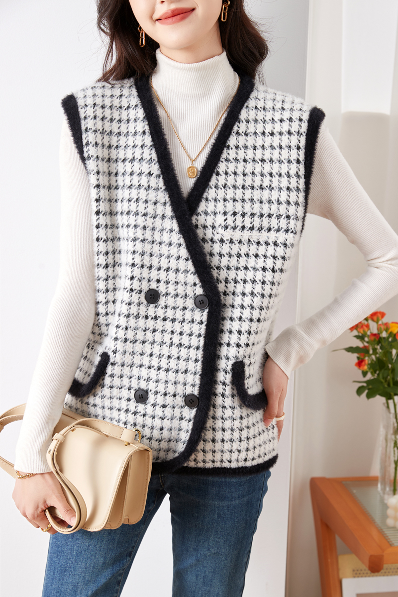 Houndstooth knitted vest long thick waistcoat