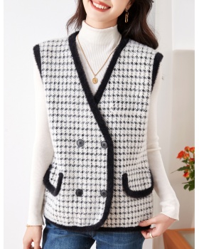 Houndstooth knitted vest long thick waistcoat