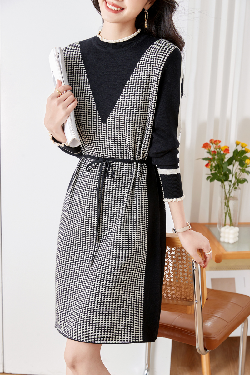 Houndstooth dress round neck sweater dress for women