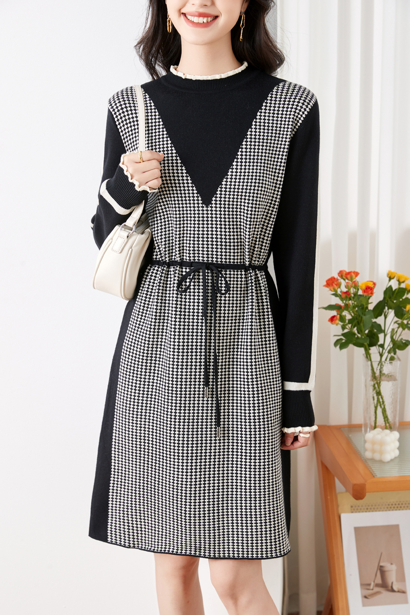 Houndstooth dress round neck sweater dress for women