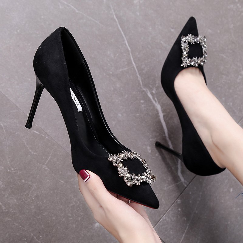 Pointed high-heeled shoes side buckle footware for women