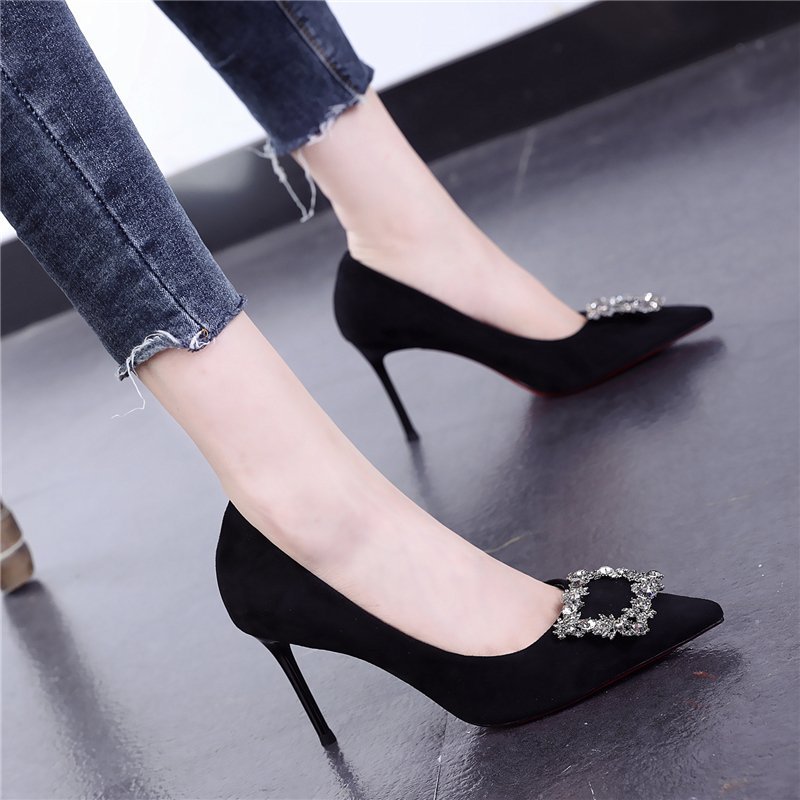 Pointed high-heeled shoes side buckle footware for women