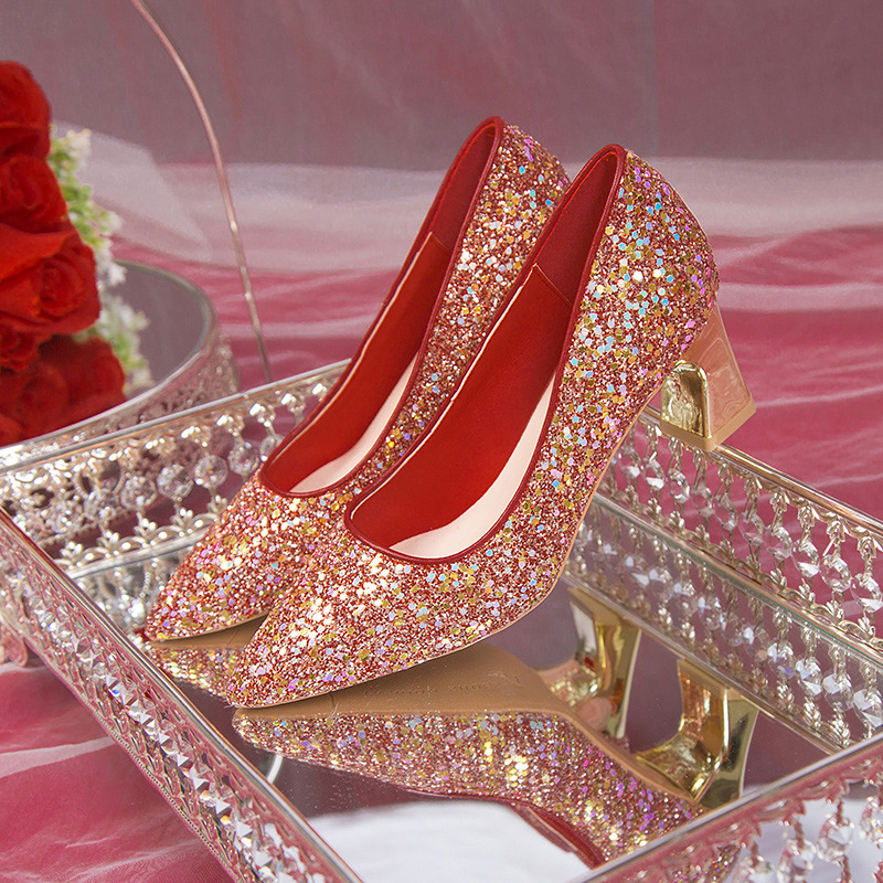 Red thick shoes bride high-heeled shoes for women