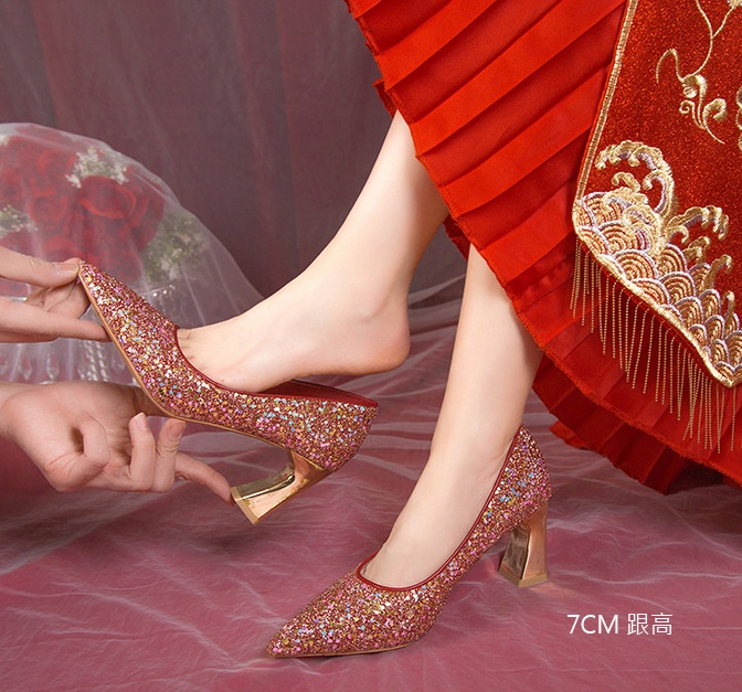 Thick bride shoes red wedding shoes for women