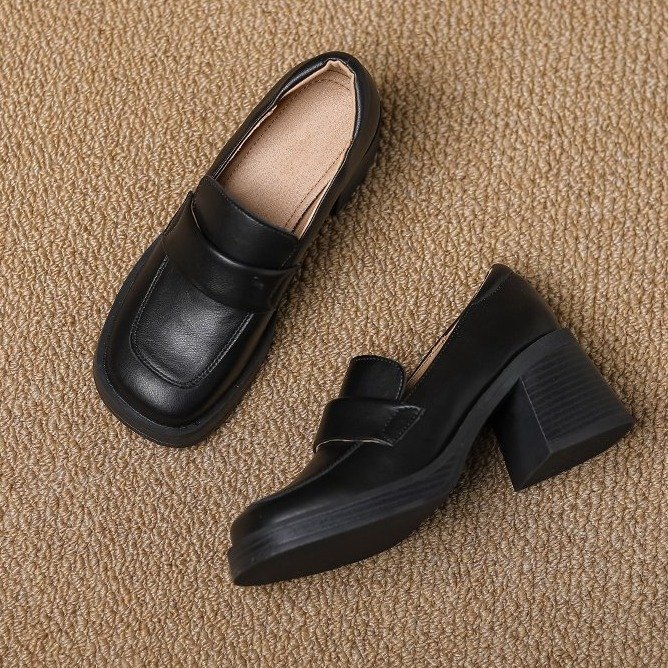 Retro thick loafers square head high-heeled leather shoes