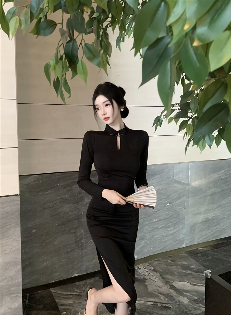 Split sexy slim long dress Chinese style retro formal dress