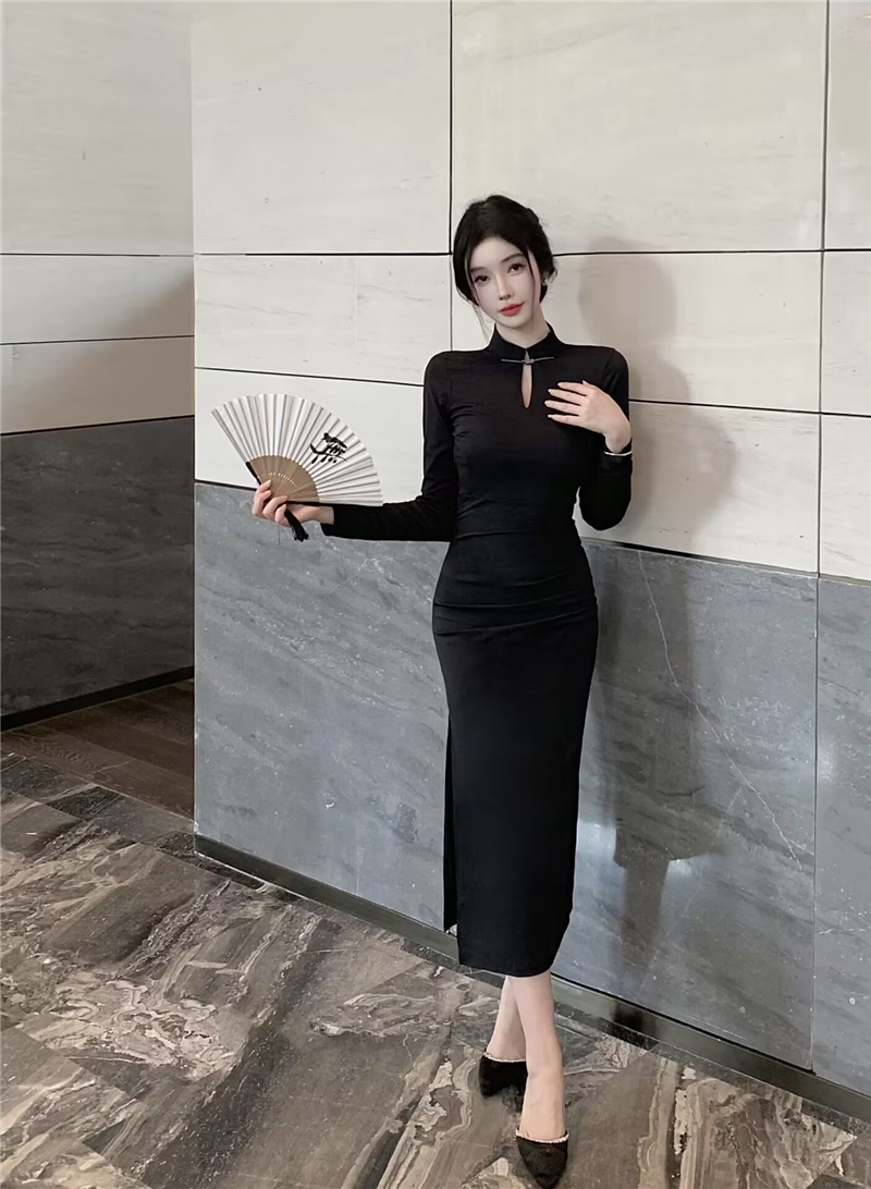 Split sexy slim long dress Chinese style retro formal dress