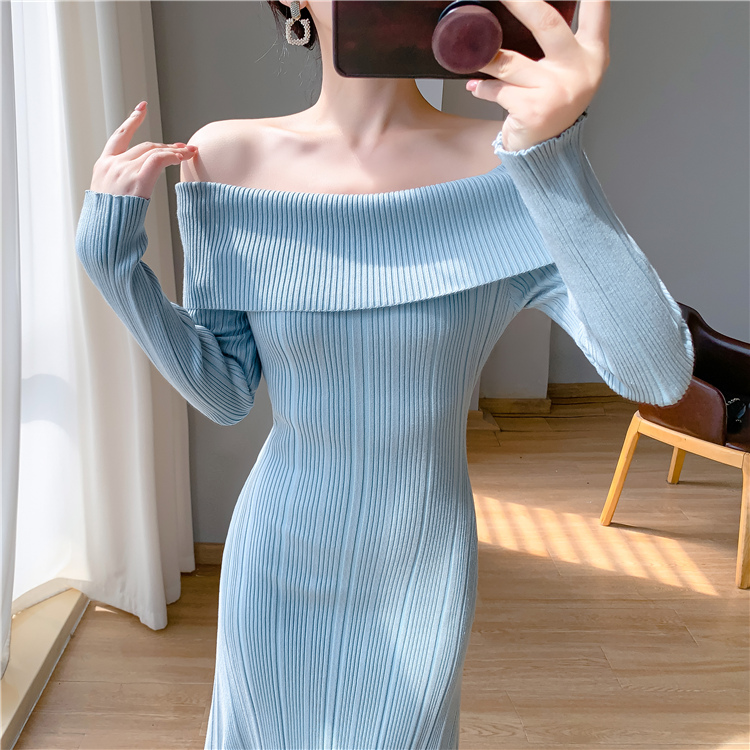 Knitted slim mermaid flat shoulder dress for women