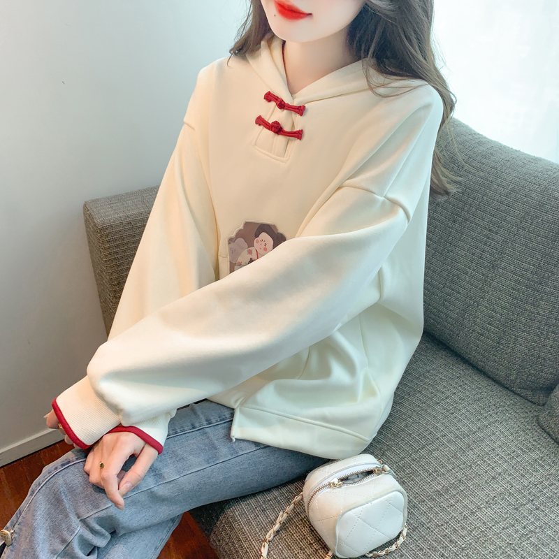 Casual loose Chinese style tops autumn and winter hooded coat