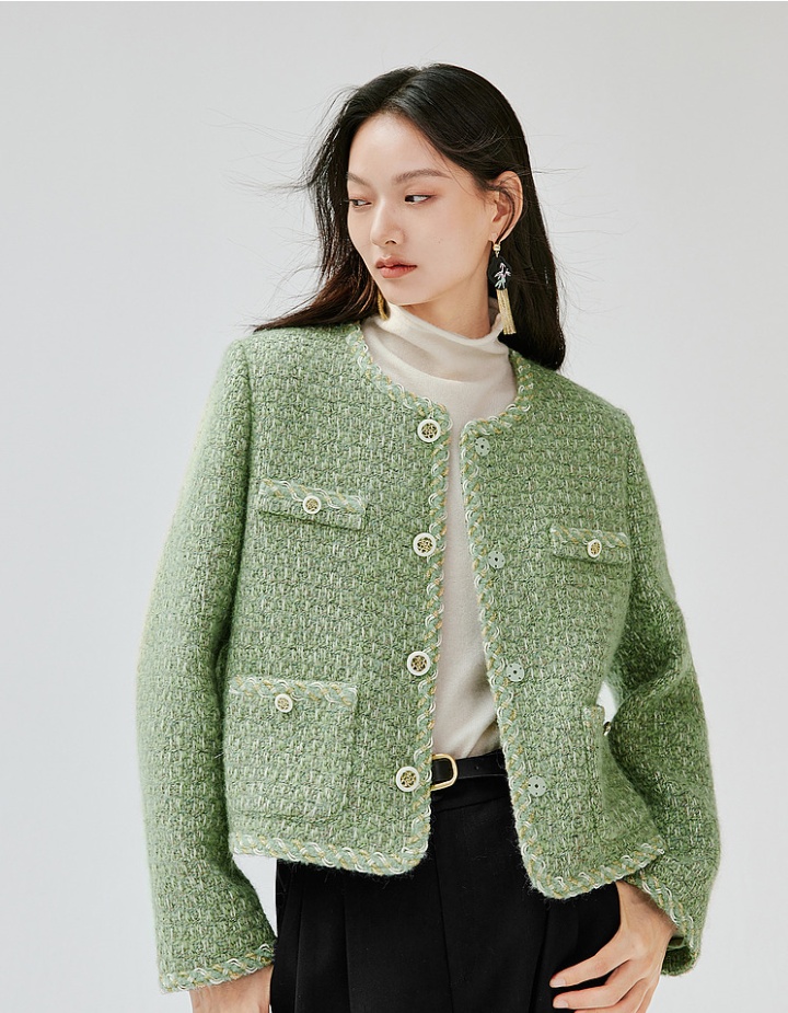 Green France style tops coarse flower woolen coat for women