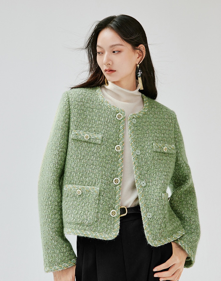 Green France style tops coarse flower woolen coat for women