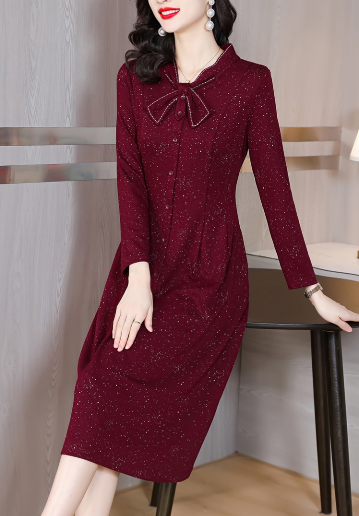Noble middle-aged long sleeve autumn bow elegant dress
