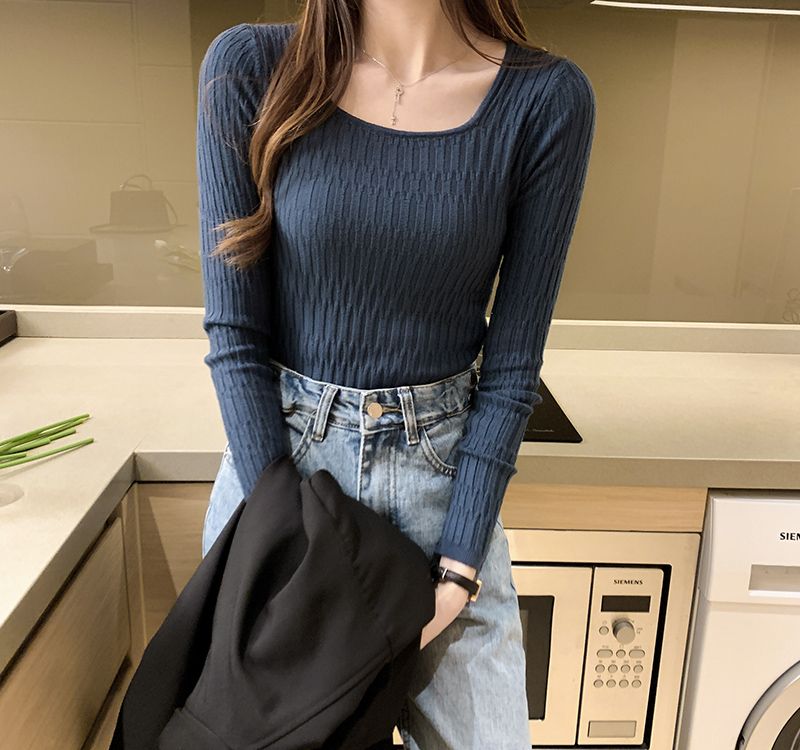 Knitted pullover low collar tops winter slim sweater