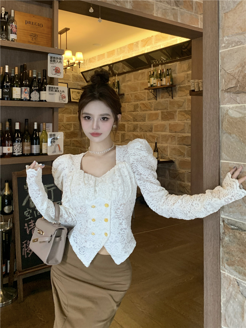 Lace puff sleeve tops double-breasted square collar shirt