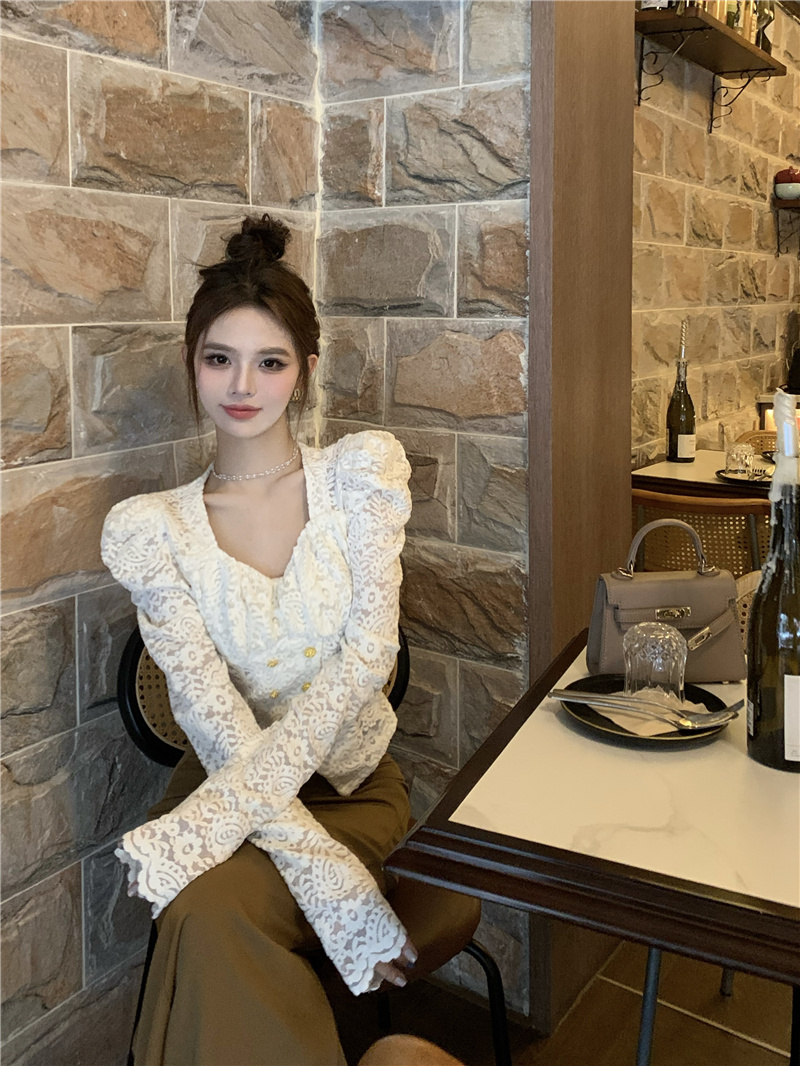 Lace puff sleeve tops double-breasted square collar shirt