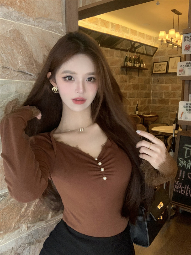 Autumn retro France style tops V-neck lace sweater