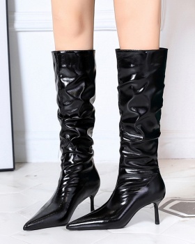 Patent leather middle-heel women's boots pointed thigh boots