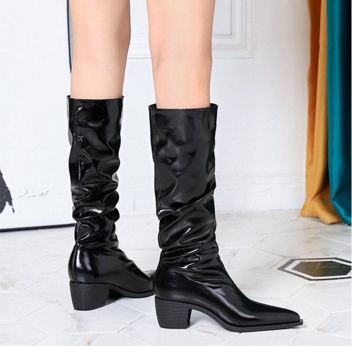 Thick long tube boots European style pointed women's boots