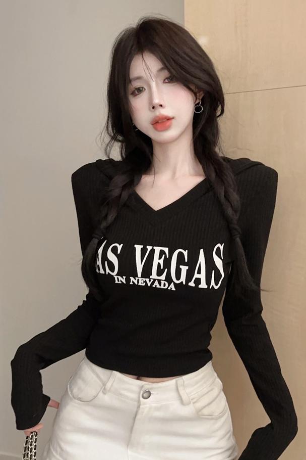 Long sleeve niche V-neck bottoming thick T-shirt