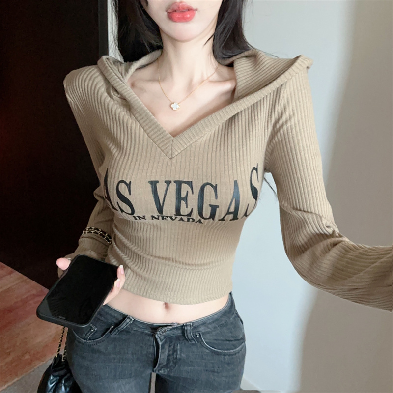 Long sleeve niche V-neck bottoming thick T-shirt