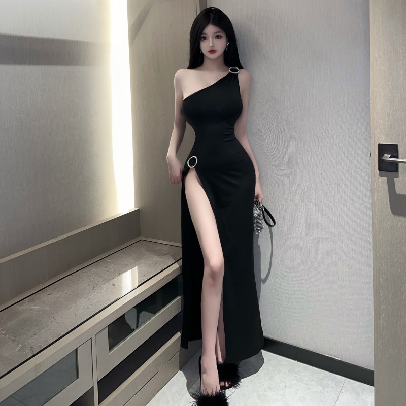Sexy shoulder long dress black formal dress for women
