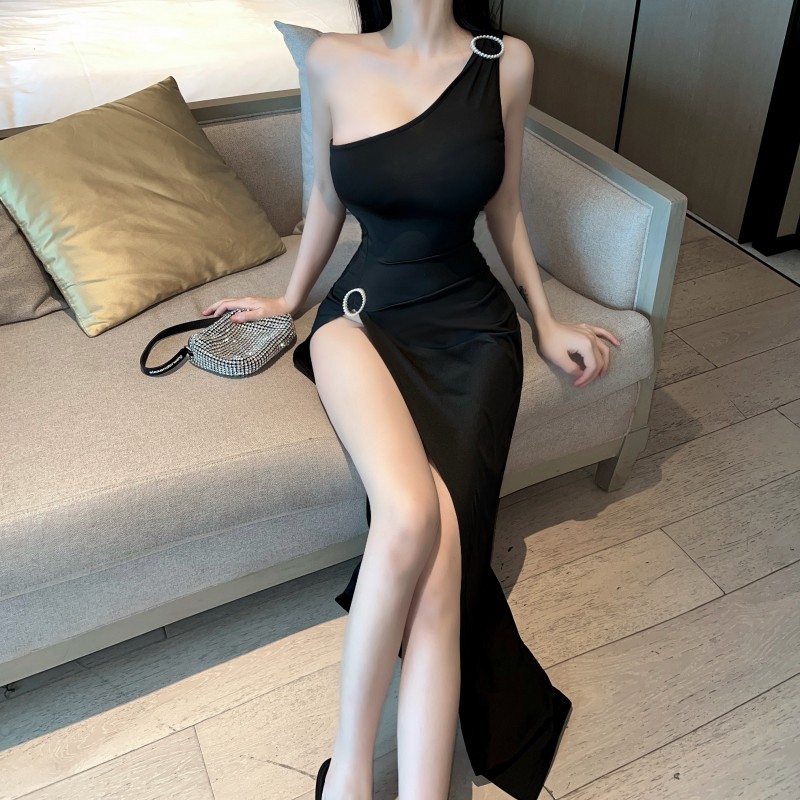 Sexy shoulder long dress black formal dress for women