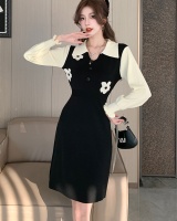 High waist splice black slim doll collar knitted dress for women