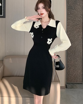 High waist splice black slim doll collar knitted dress for women