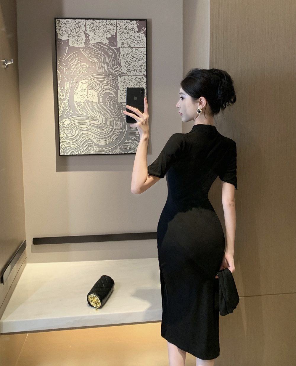 Hollow spicegirl black cheongsam split tight dress