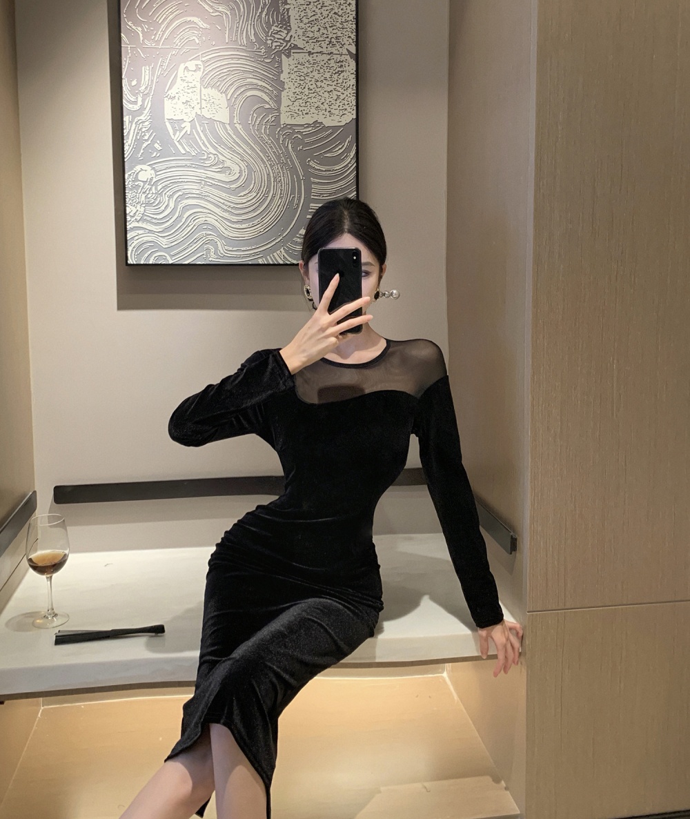Fashion bottoming package hip velvet perspective dress