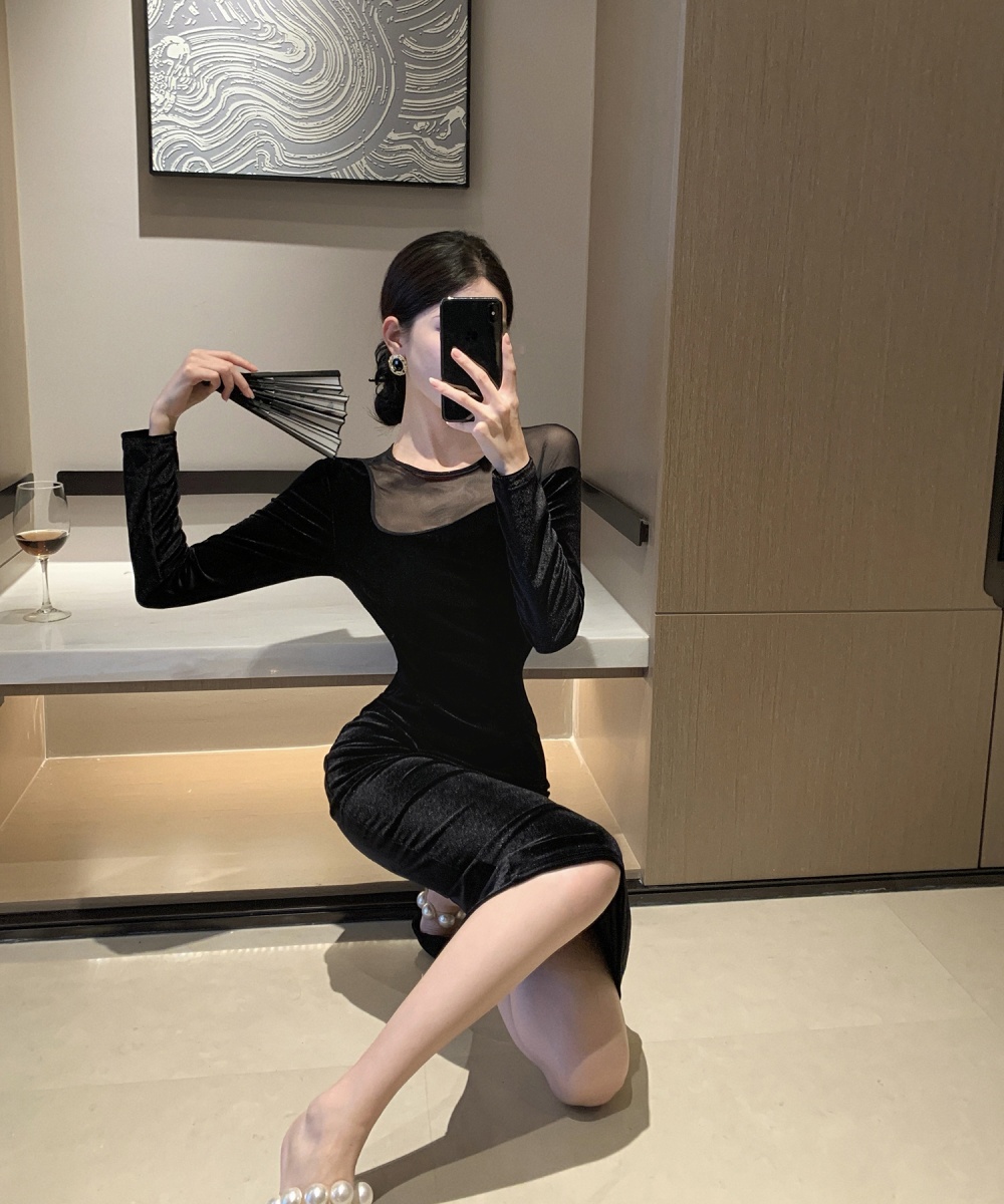 Fashion bottoming package hip velvet perspective dress