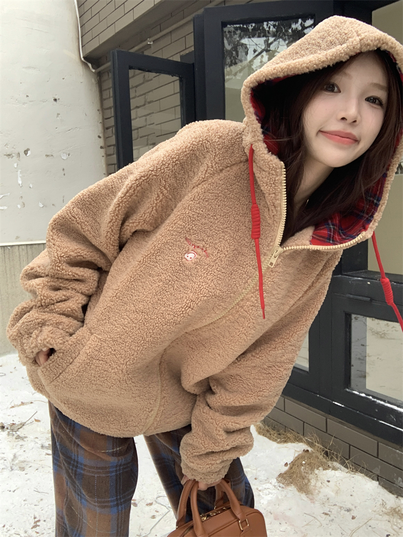 Lazy autumn and winter stitching hooded thermal coat