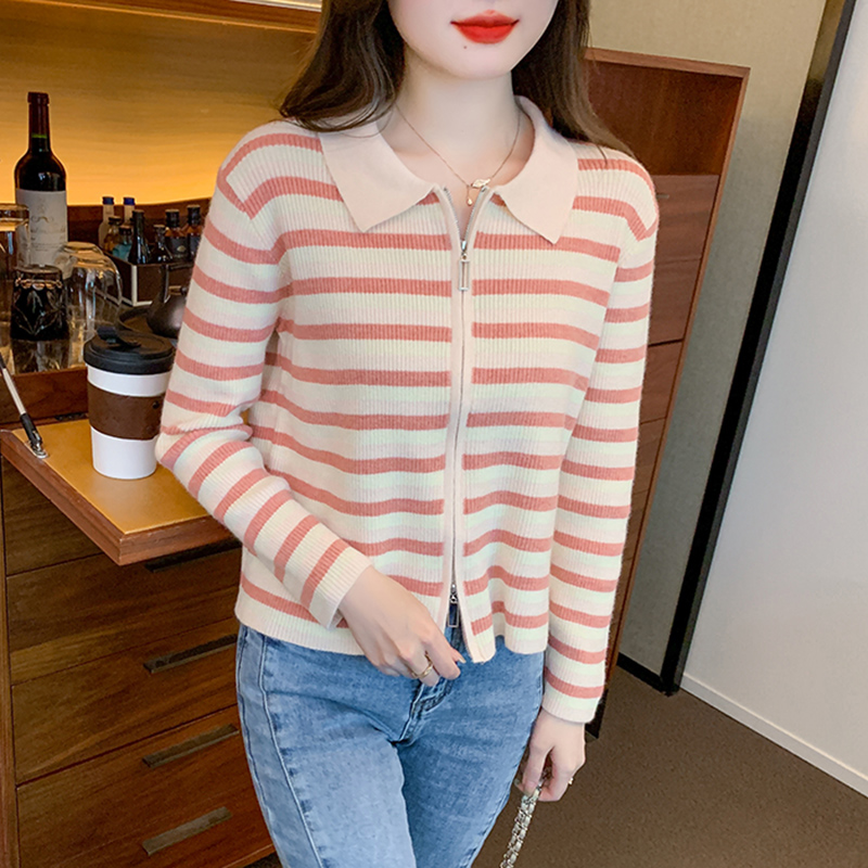 All-match double zip cardigan stripe niche sweater