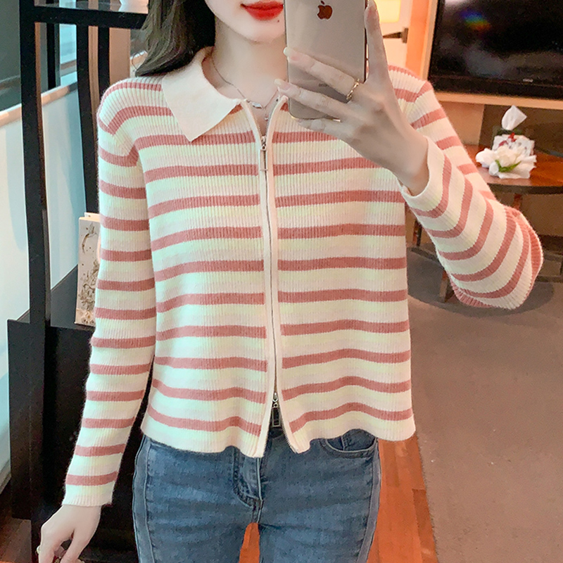 All-match double zip cardigan stripe niche sweater