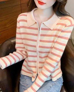 All-match double zip cardigan stripe niche sweater