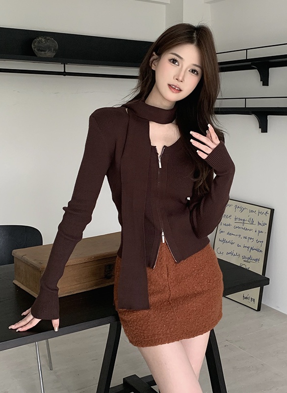 Pure autumn double zip slim with scarf cardigan