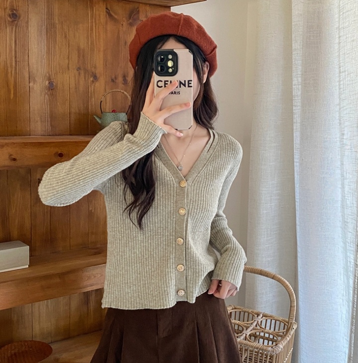 Slim metal buckles small hollow V-neck knitted cardigan