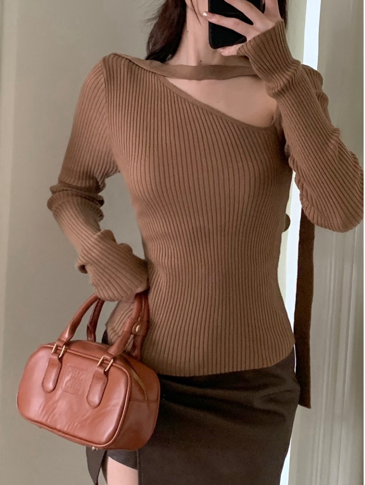 Autumn oblique collar streamer knitted sweater