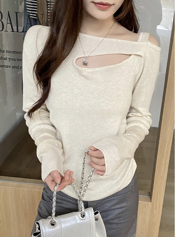 Knitted hollow autumn fold pinched waist halter slim sweater