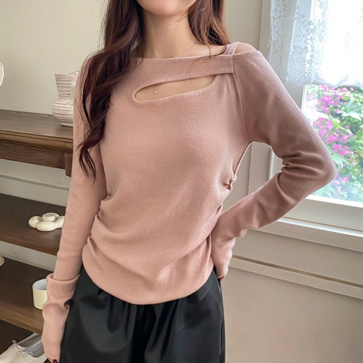 Knitted hollow autumn fold pinched waist halter slim sweater