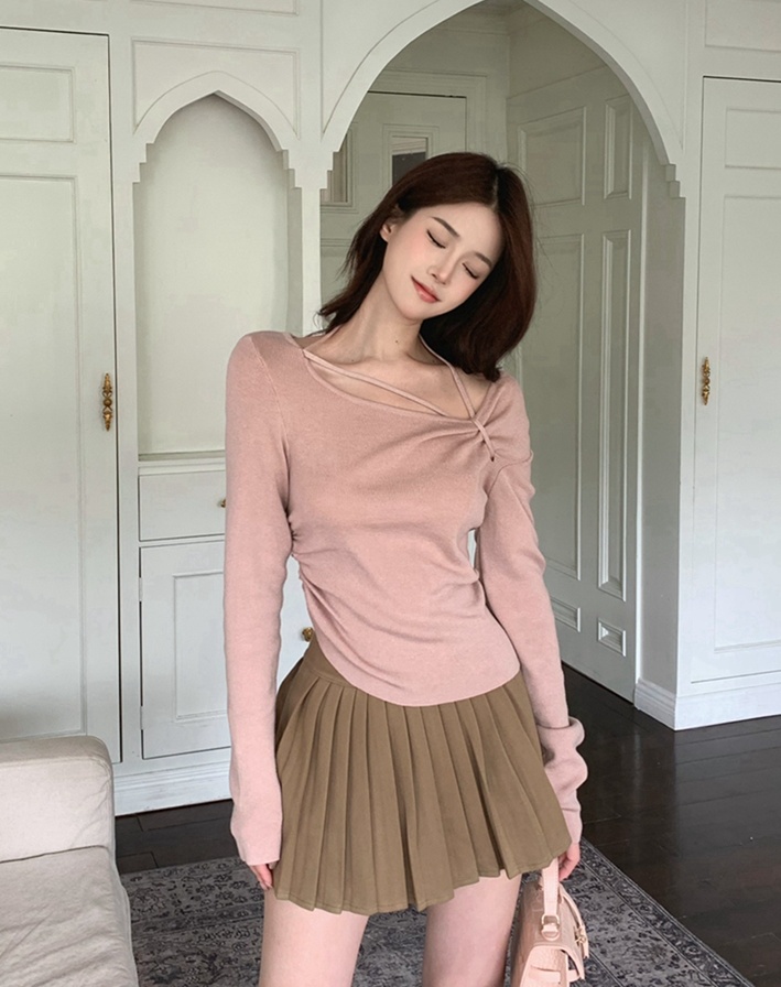 Oblique collar strapless long sleeve sweater