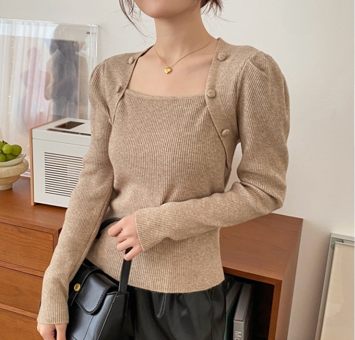 Buckle autumn knitted pure square collar retro sweater