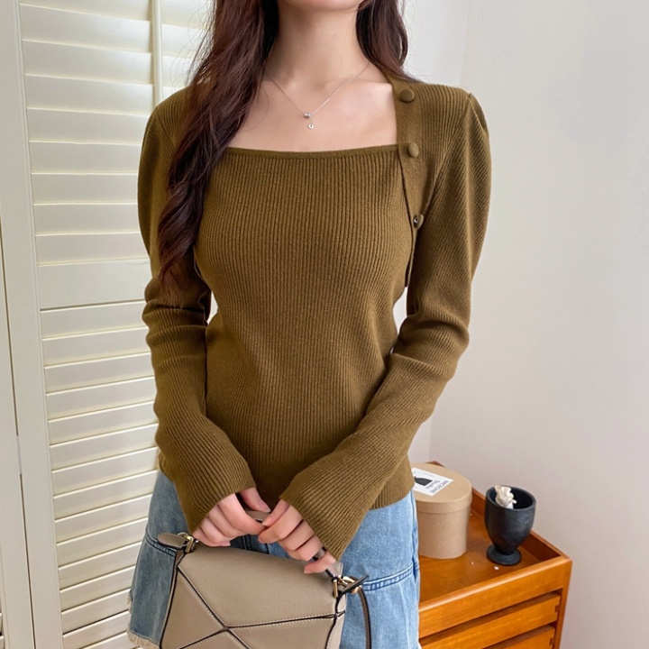 Buckle autumn knitted pure square collar retro sweater